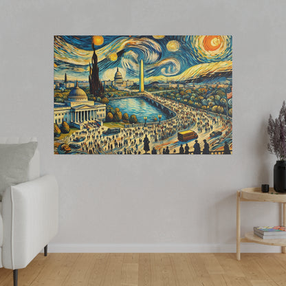 Colorful cityscape painting of a crowded riverfront with domed buildings, an obelisk, and a swirling sky.