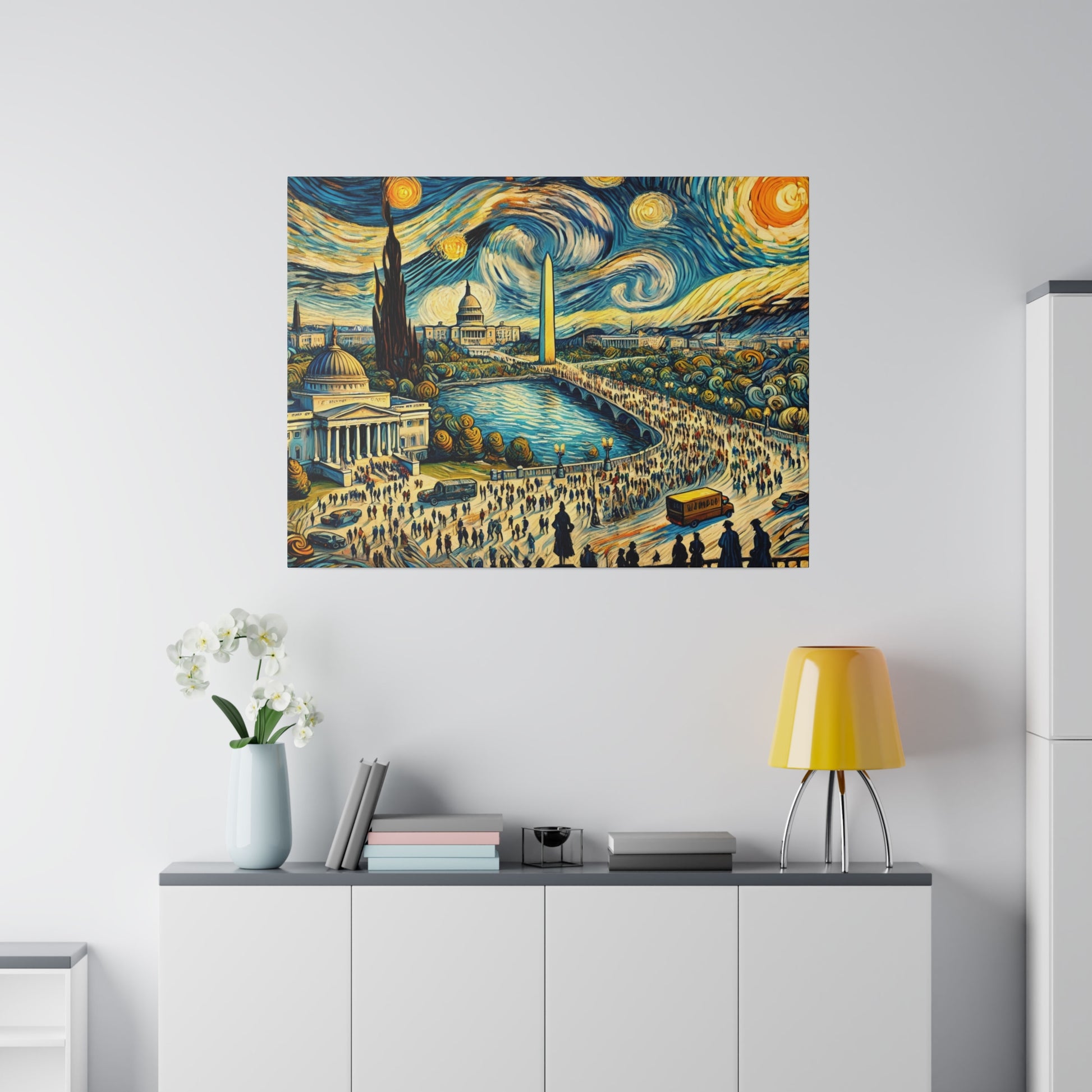 Colorful, swirled-cityscape painting of a riverside scene with domed buildings, an obelisk, and busy streets.