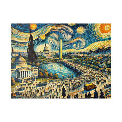 A colorful cityscape painting with a crowded riverbank, bridge, obelisk, domed capitol, and a blue-yellow swirling sky.