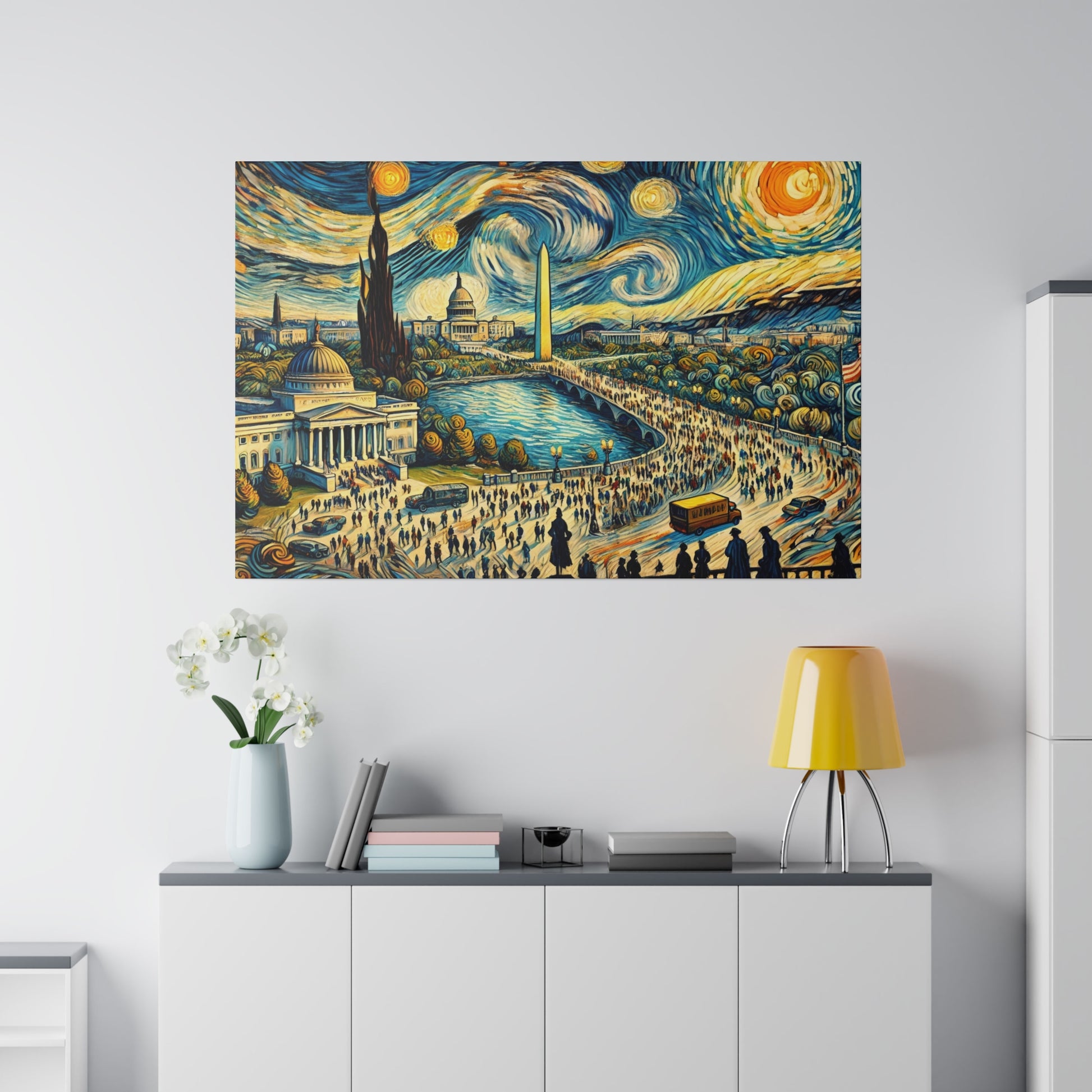 Colorful painting of a busy city river scene with domed buildings, obelisk, and swirling sky hanging on a white wall.