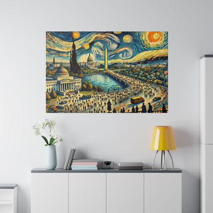 Colorful painting of a busy city river scene with domed buildings, obelisk, and swirling sky hanging on a white wall.