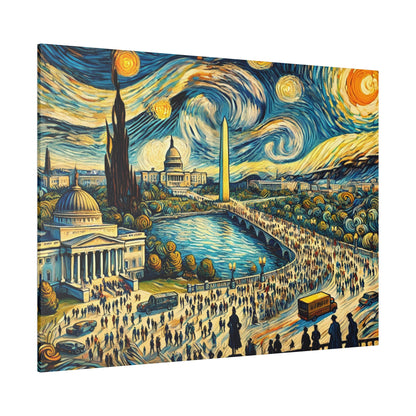 Colorful painting of Washington, D.C. landmarks: Capitol dome, Washington Monument, bridge over a river with crowds.