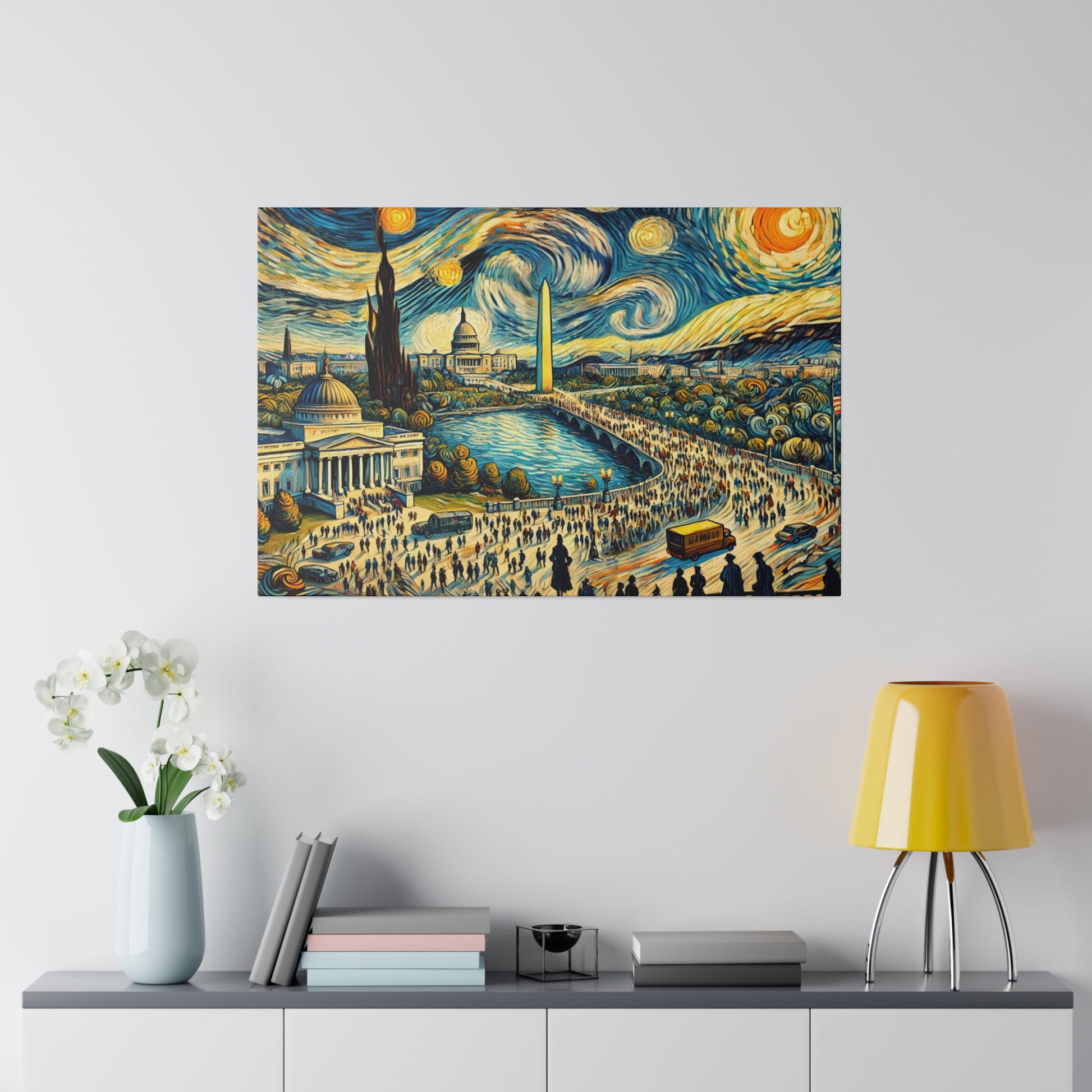 Colorful painting of a swirling cityscape with a river, domed buildings, an obelisk, and crowds on a wall above a sideboard.