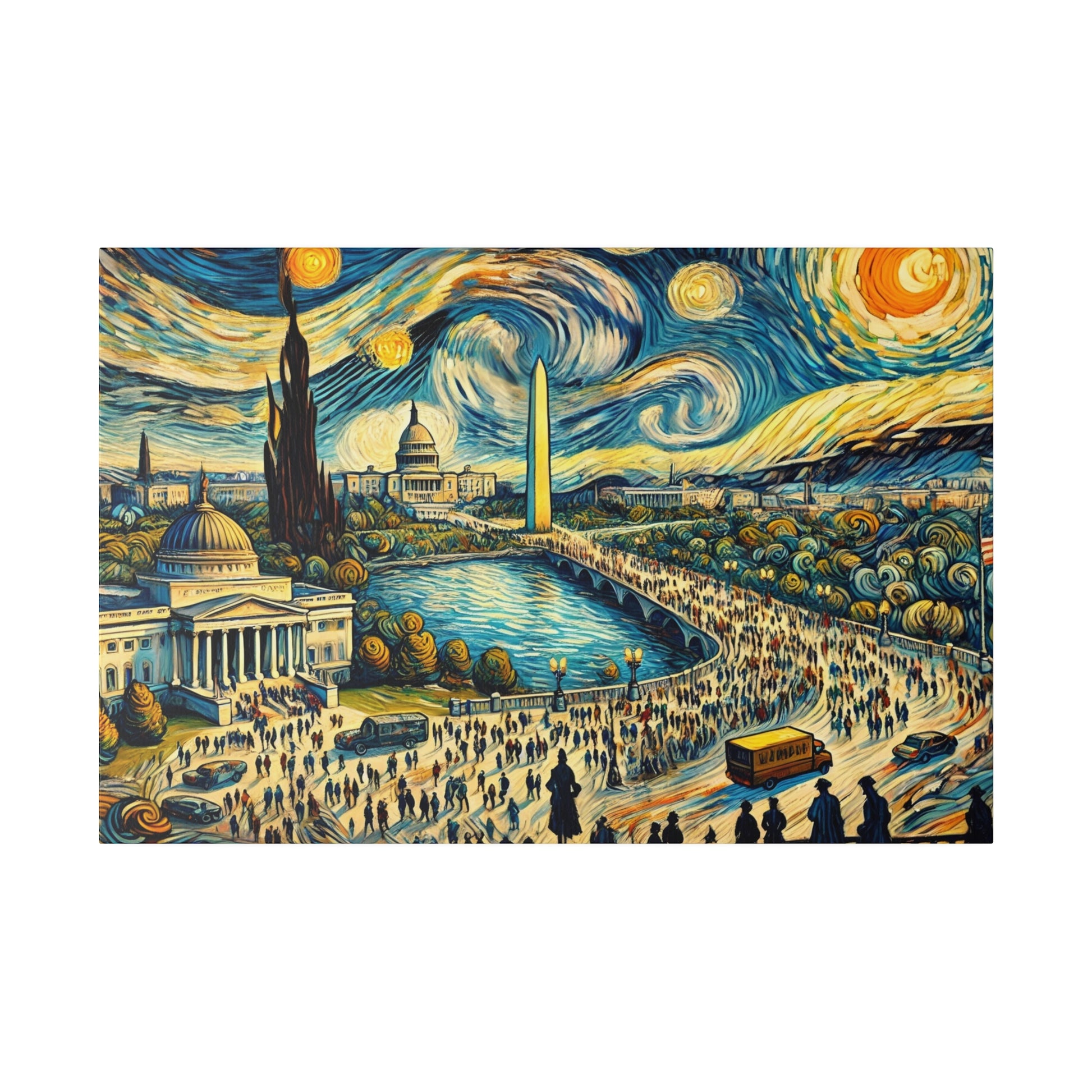 Vivid painting of a cityscape with a river, bridge, obelisk, domed building, and many people along streets under swirling skies.