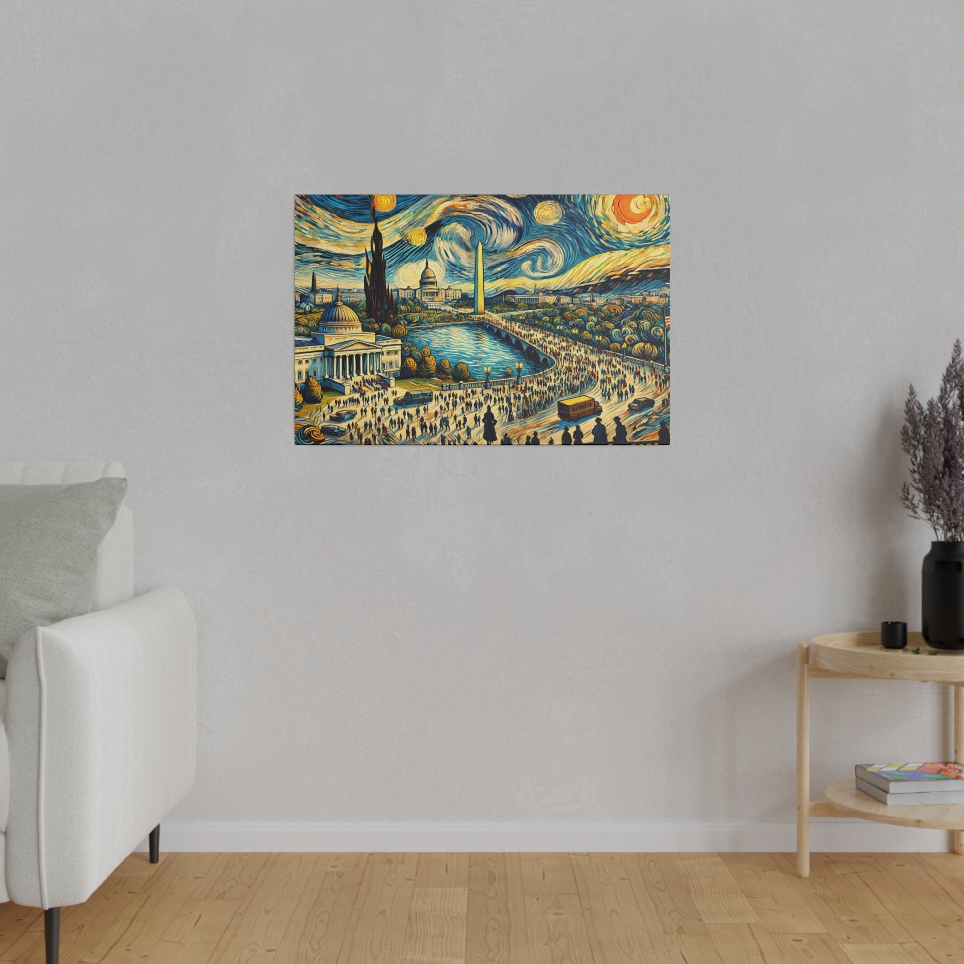 Colorful painting on a gray wall featuring a crowded city along a river with a swirling blue-yellow sky.