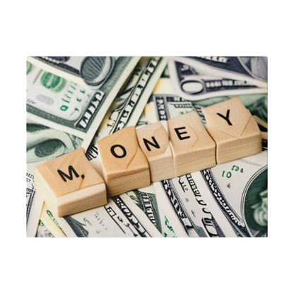 Wooden letter blocks spell “MONEY” placed on a scattered stack of U.S. dollar bills.