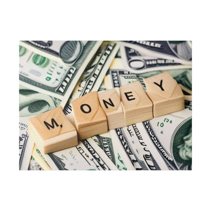 Wooden letter blocks spell “MONEY” placed on a background of scattered U.S. dollar bills.