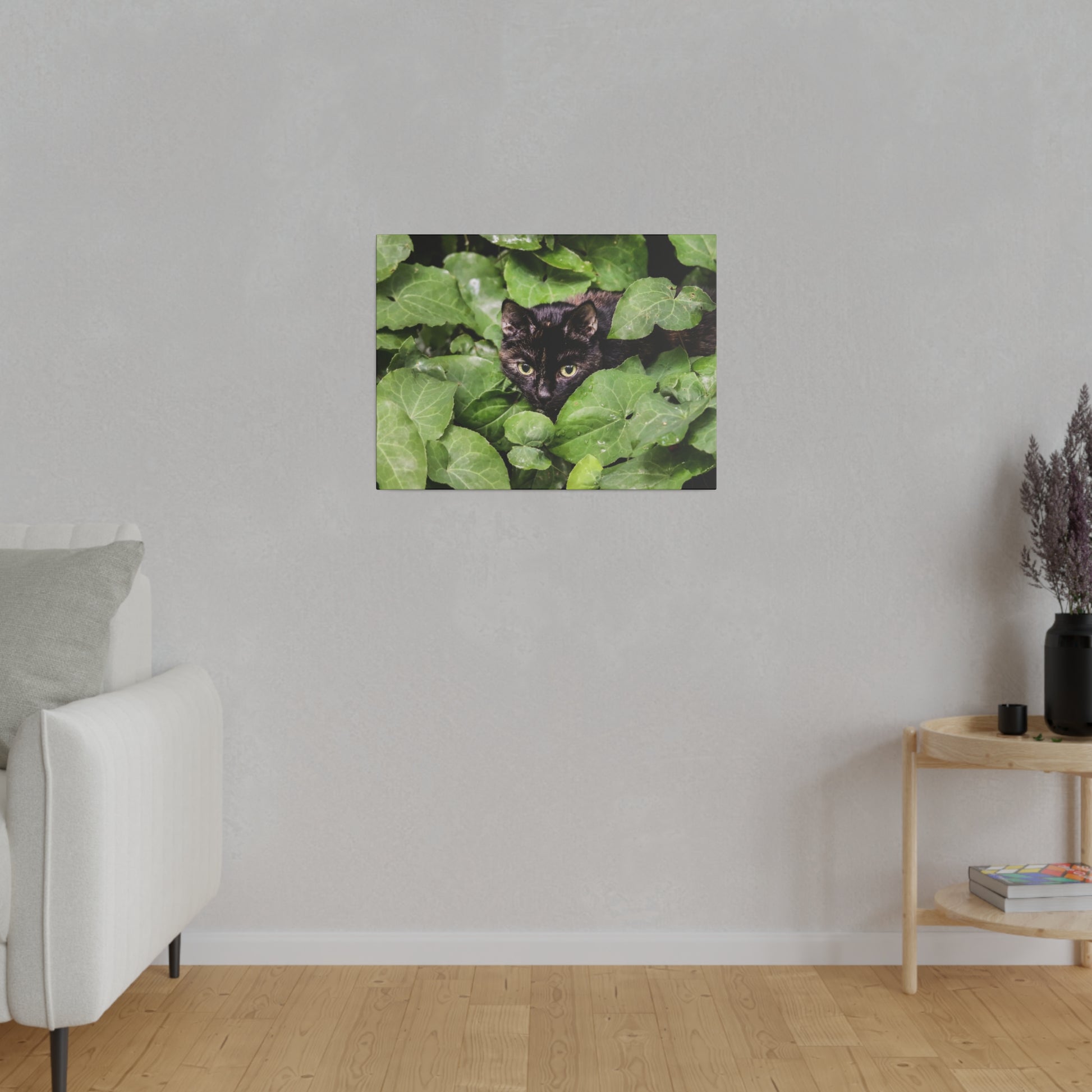 Small rectangular photo of a black cat peeking through green ivy leaves mounted on a light gray wall.