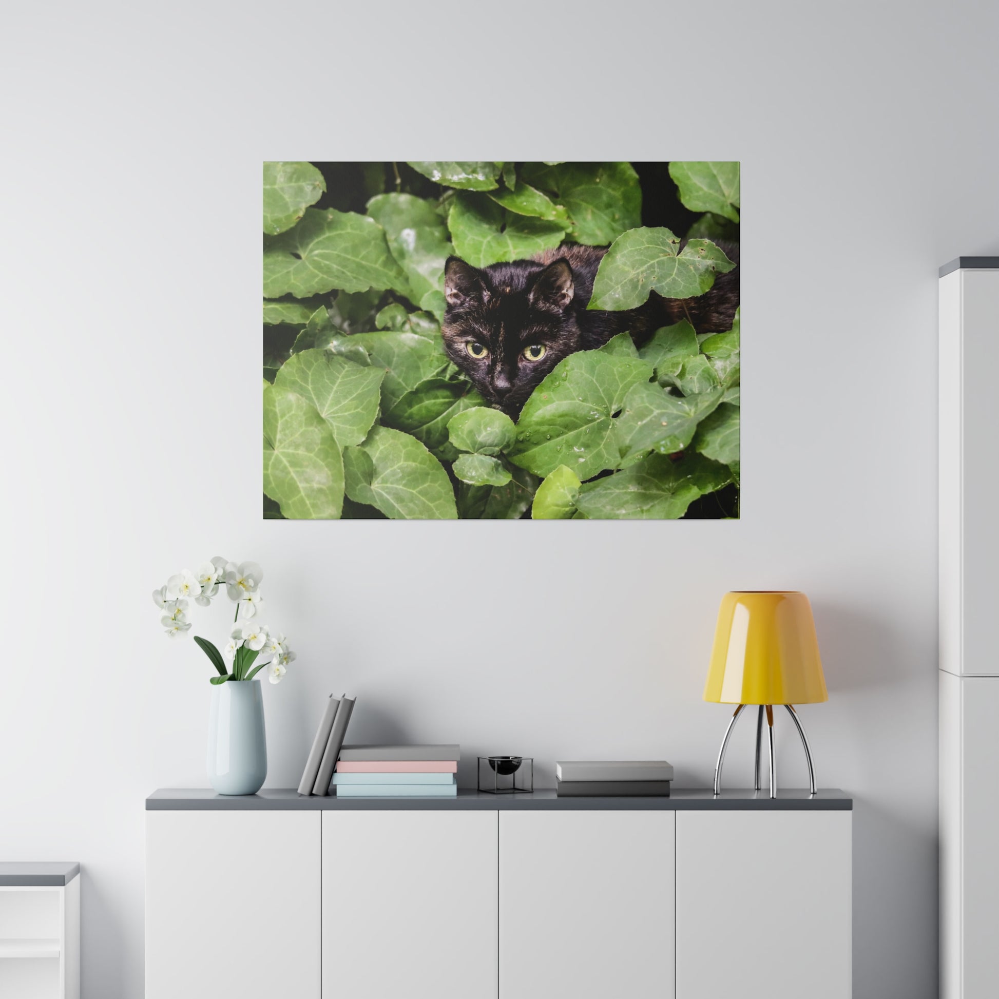 Framed photograph of a black cat peeking through dense green leaves on a white wall.