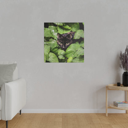 Square wall art featuring a black cat peeking through dense green leaves.