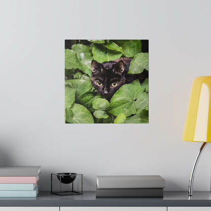 Square wall art showing a black cat peeking through dense green leaves.