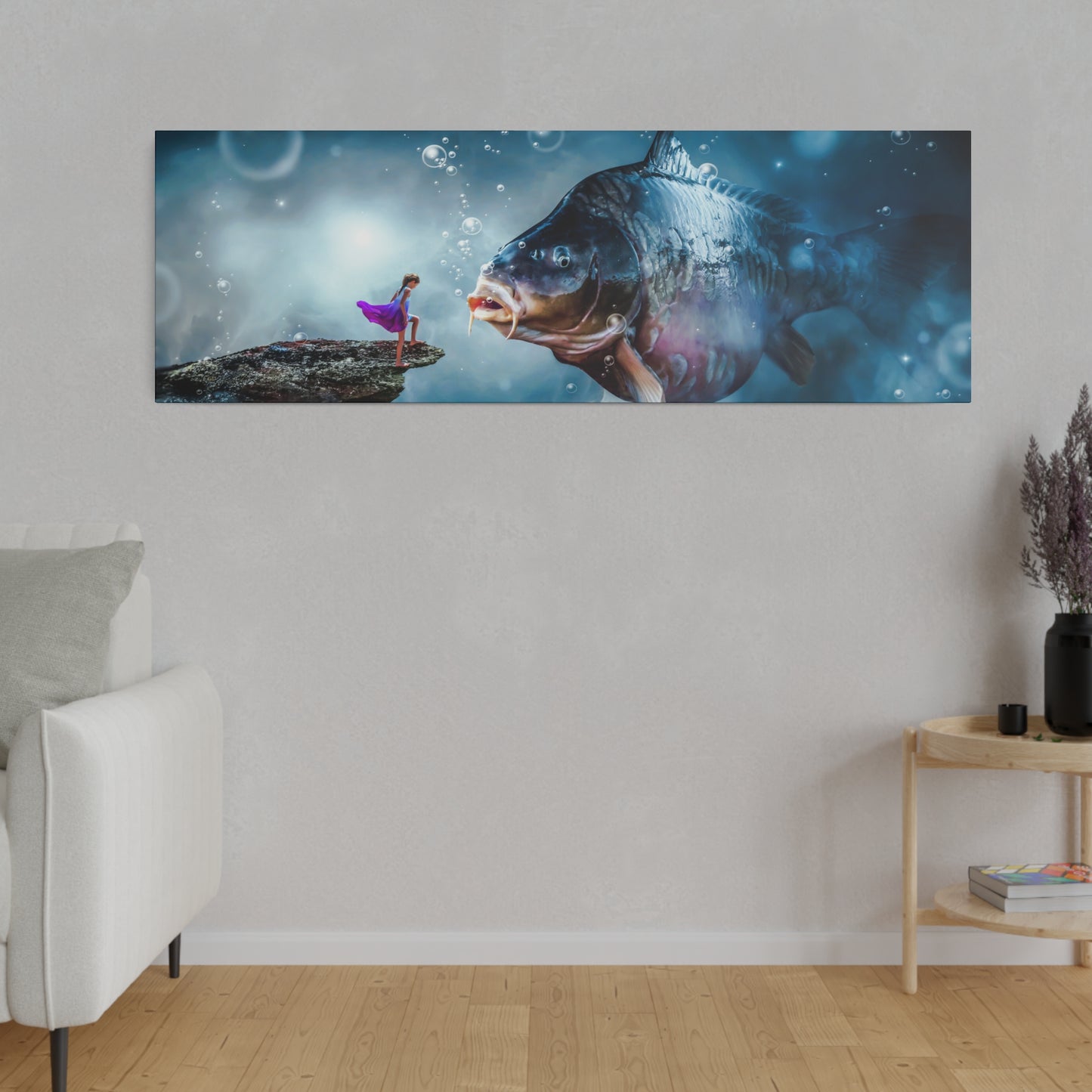 A whimsical underwater scene where a girl stands on a rock, encountering a giant fish. The fantastical setting is filled with bubbles, creating an imaginative atmosphere.