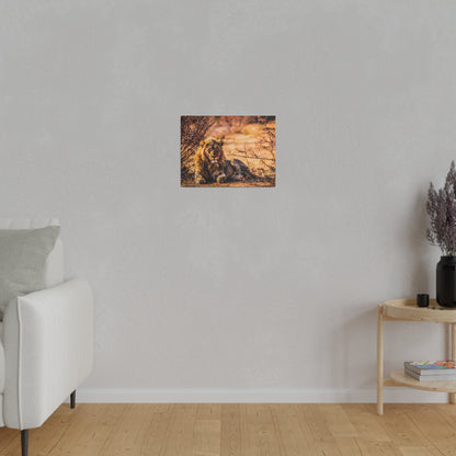 Small framed photo of a lion lying on the ground, hung on a light-gray living room wall.