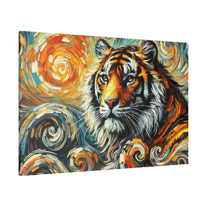 Colorful painting of a tiger's head on canvas with orange, black and white fur, set against swirling circular patterns.