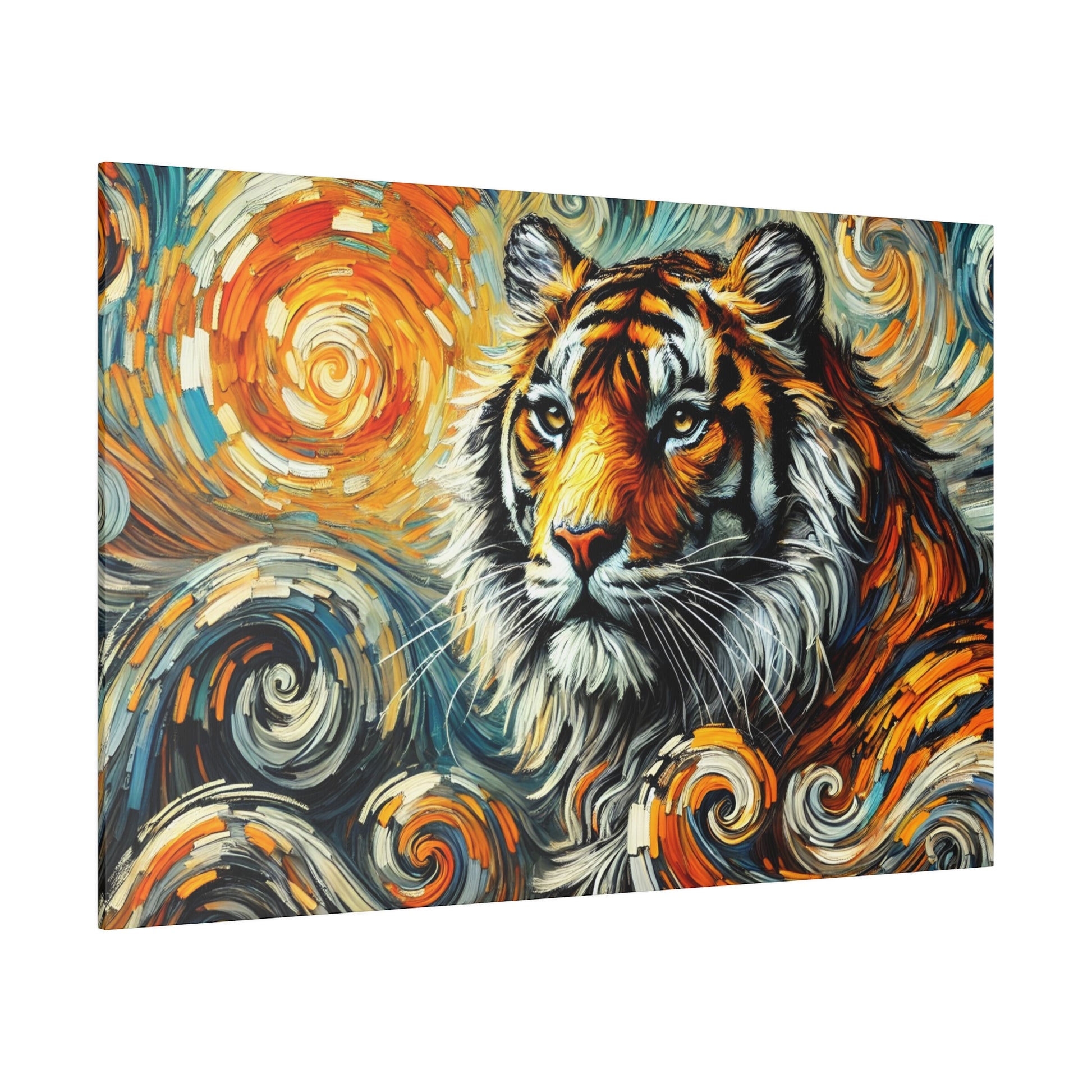 Vibrant painting of a tiger's head with orange, black, and white fur against swirling orange and blue abstract patterns.