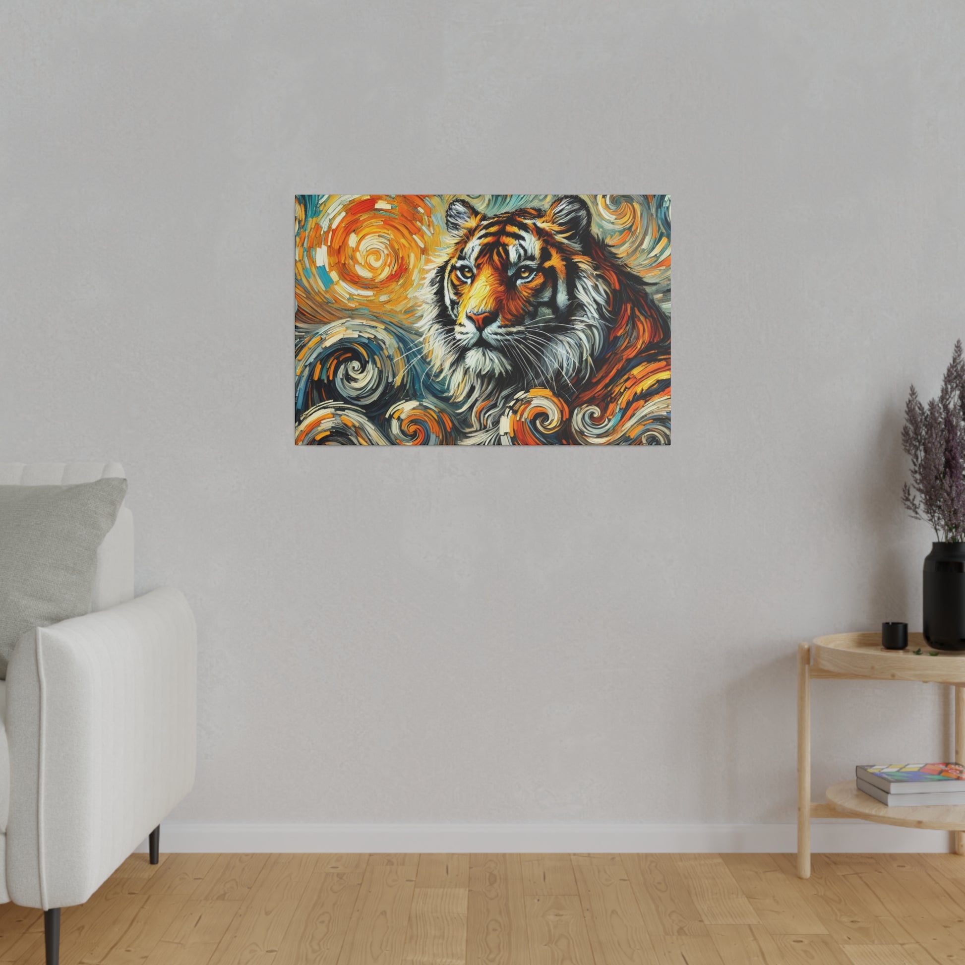 Abstract painting of a tiger with swirling orange, blue, and yellow patterns mounted on a light gray wall.