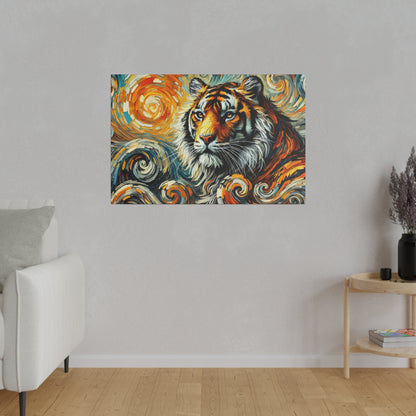 Colorful tiger portrait painting with swirling orange and blue patterns on a light-gray wall.