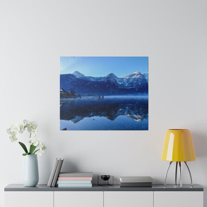 Square wall art featuring a blue alpine lake with snow-capped mountains and their reflection in calm water.