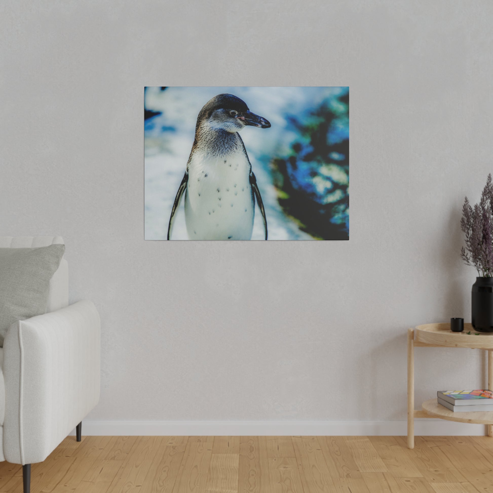 A penguin standing on a snowy surface, with a cold winter scene in the background. The image captures the penguin’s natural beauty in a serene setting.