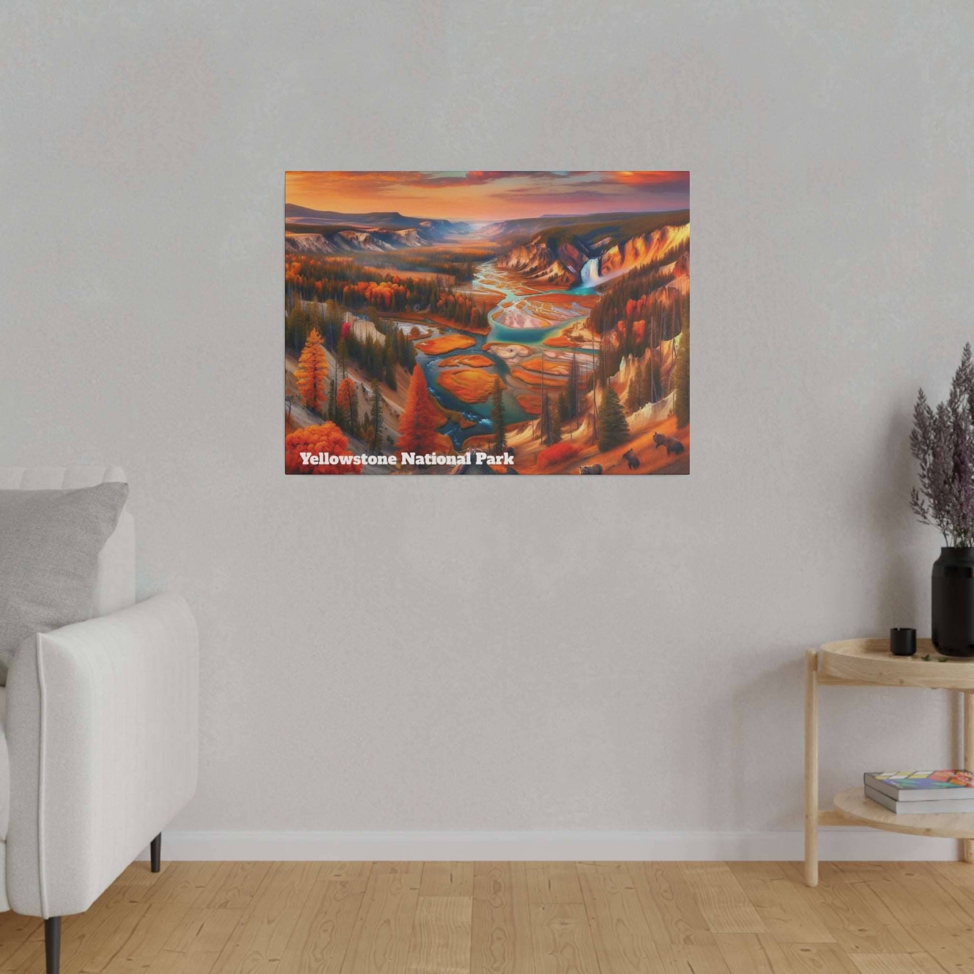 Canvas art print of Yellowstone National Park featuring a colorful autumn landscape with a winding river.