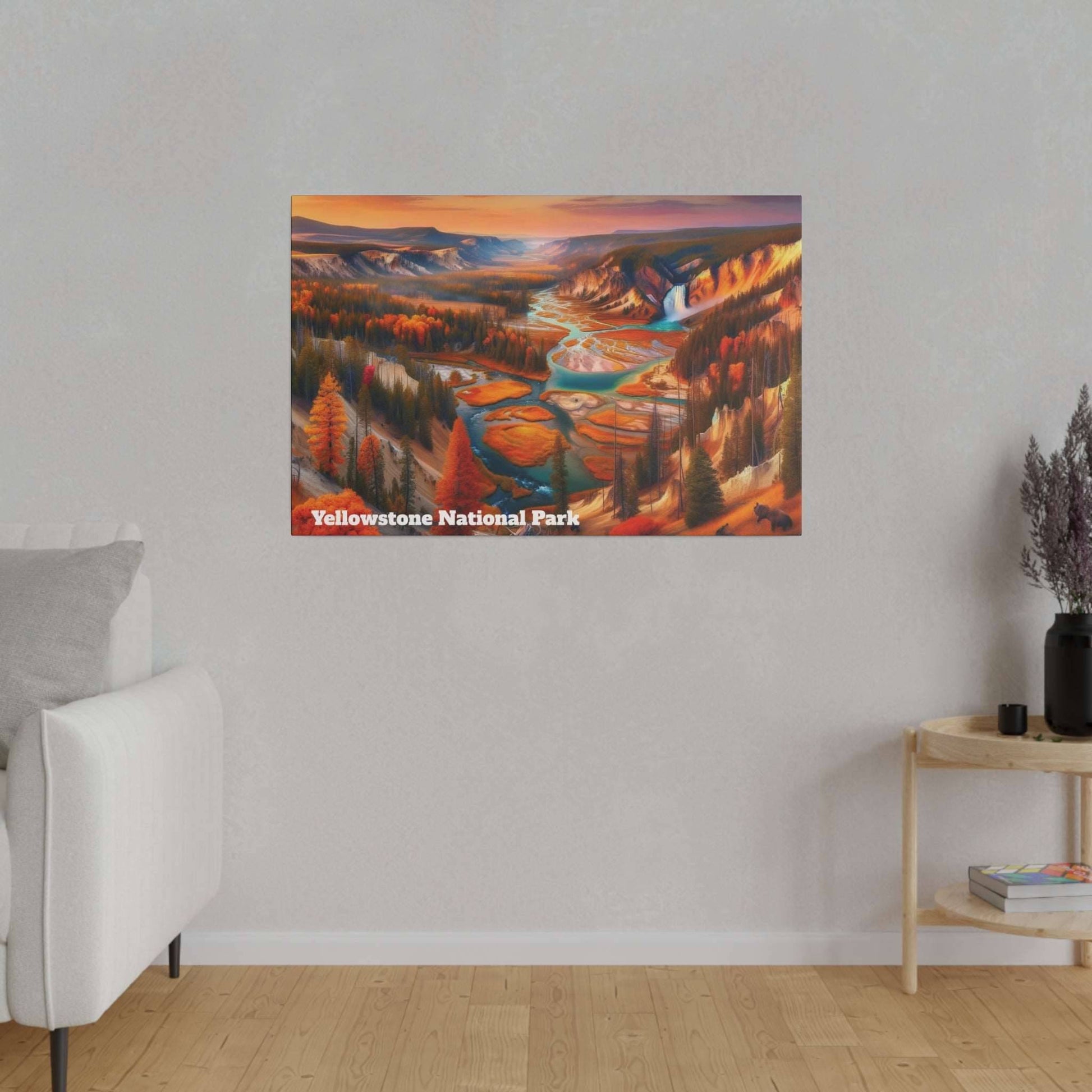 Rectangular canvas print of Yellowstone National Park featuring orange autumn trees, winding river, and distant mountains.