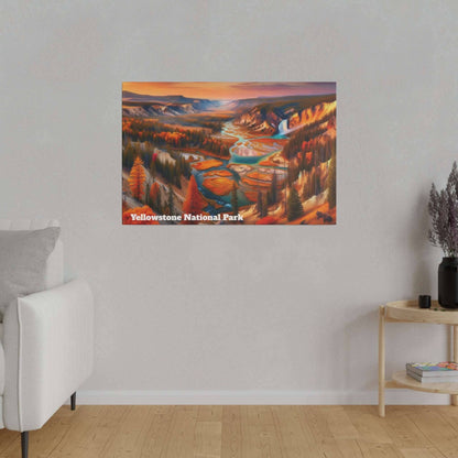 Rectangular canvas print of Yellowstone National Park featuring orange autumn trees, winding river, and distant mountains.