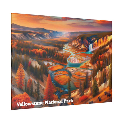 Canvas print of Yellowstone National Park: a winding turquoise river through orange autumn trees and a waterfall in a canyon.