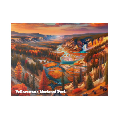 Canvas art print of a Yellowstone National Park landscape with orange autumn trees, teal rivers, and a distant waterfall.