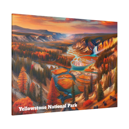 Colorful landscape canvas print of Yellowstone National Park featuring a winding river, orange trees, and a waterfall.