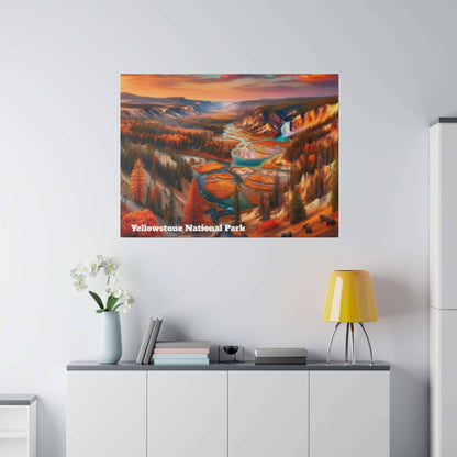 Canvas print of Yellowstone National Park with orange autumn trees and a winding river, hung on a light gray wall.