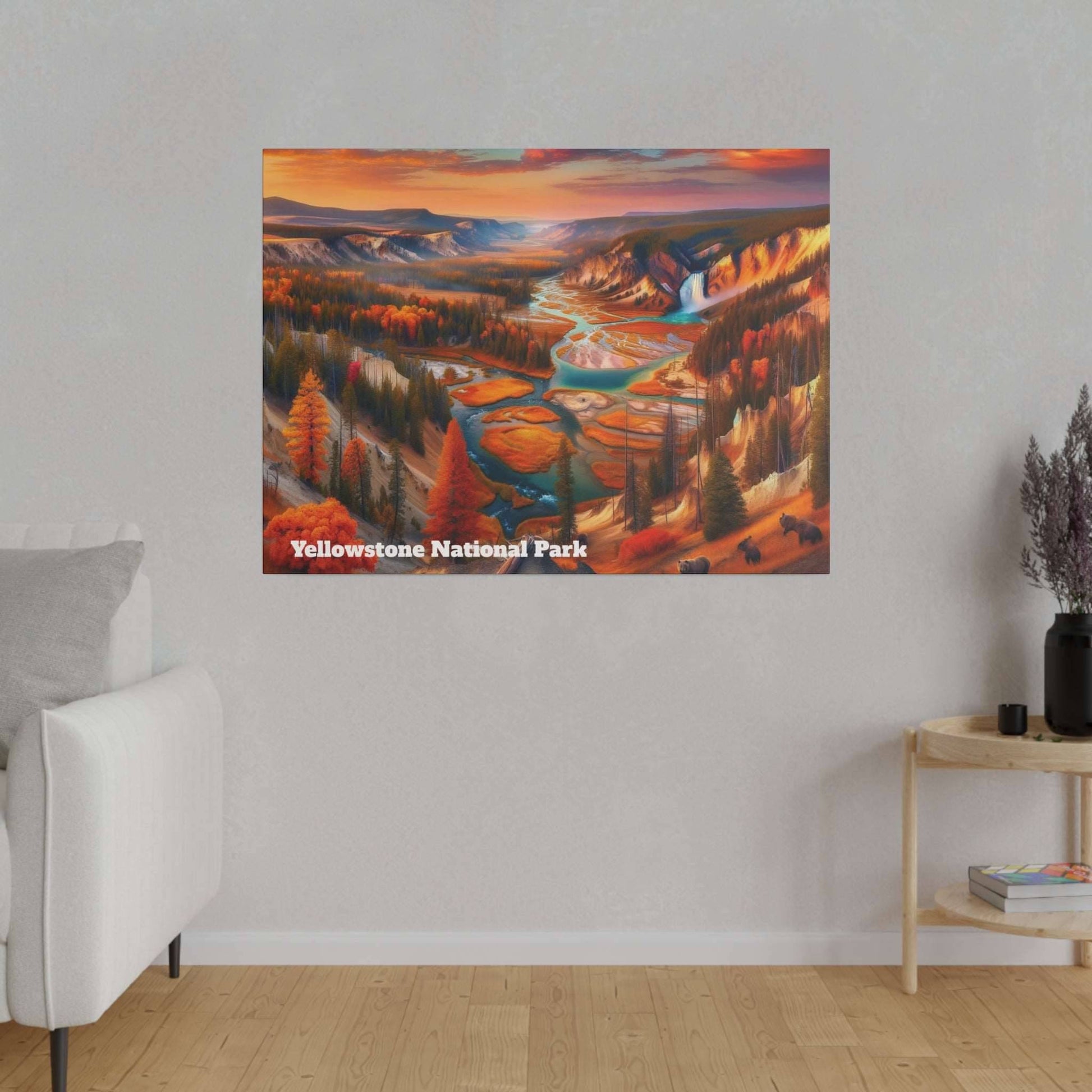 Canvas print of Yellowstone National Park landscape with orange autumn trees, a winding river, and distant mountains.