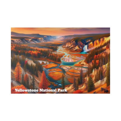 Colorful landscape canvas of Yellowstone National Park showing orange autumn trees, a winding turquoise river, and distant mountains.