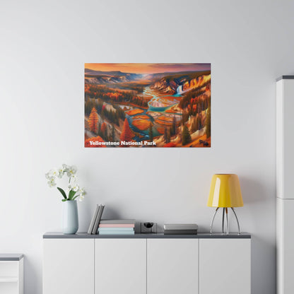 Poster showing Yellowstone National Park landscape with colorful autumn trees and a river, mounted on a light wall.