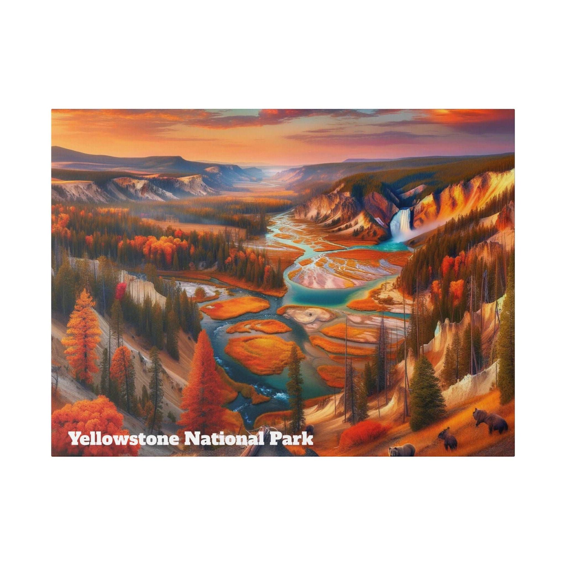Autumnal landscape painting of Yellowstone National Park with a winding turquoise river, waterfall, and orange trees.
