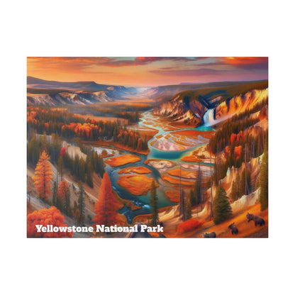 Autumnal landscape painting of Yellowstone National Park with a winding turquoise river, waterfall, and orange trees.