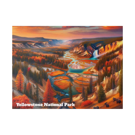 Autumnal landscape painting of Yellowstone National Park with a winding turquoise river, waterfall, and orange trees.