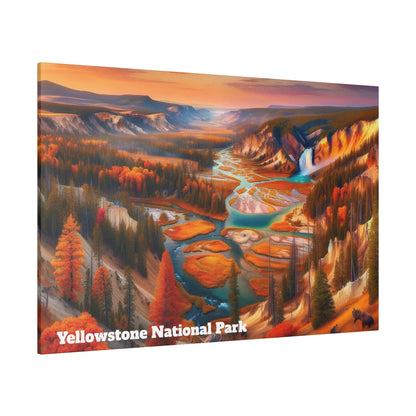 Canvas art print depicting Yellowstone National Park: orange autumn trees, turquoise river, and a waterfall in a wide valley.