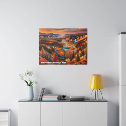 Poster depicting a colorful Yellowstone National Park landscape with rivers and autumn trees, mounted on a light gray wall above a white