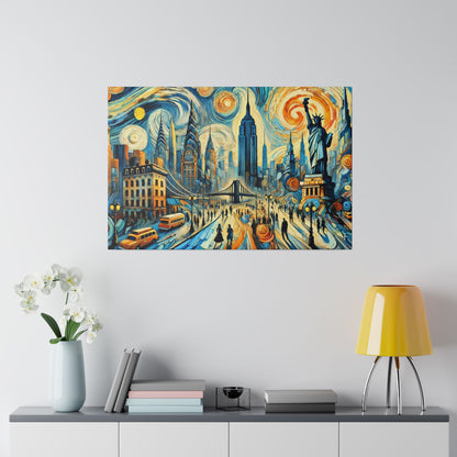Colorful cityscape painting of New York with the Statue of Liberty, bridges, and a swirling blue-yellow sky.