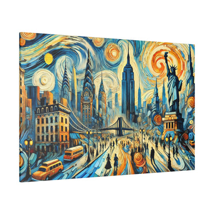 Vibrant, impressionistic painting of a New York City street scene with the Statue of Liberty, Empire State Building, and a bridge.