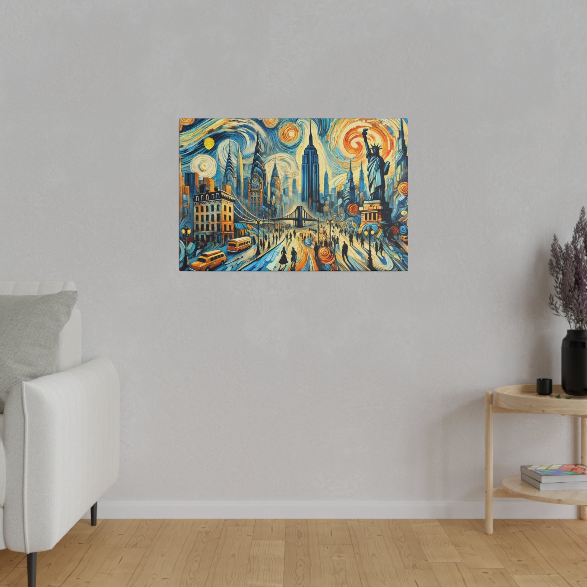 Colorful cityscape painting on a gray wall featuring blue and orange swirls, skyscrapers, a bridge, and the Statue of Liberty.