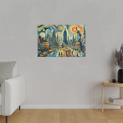 Colorful cityscape painting on a gray wall featuring blue and orange swirls, skyscrapers, a bridge, and the Statue of Liberty.