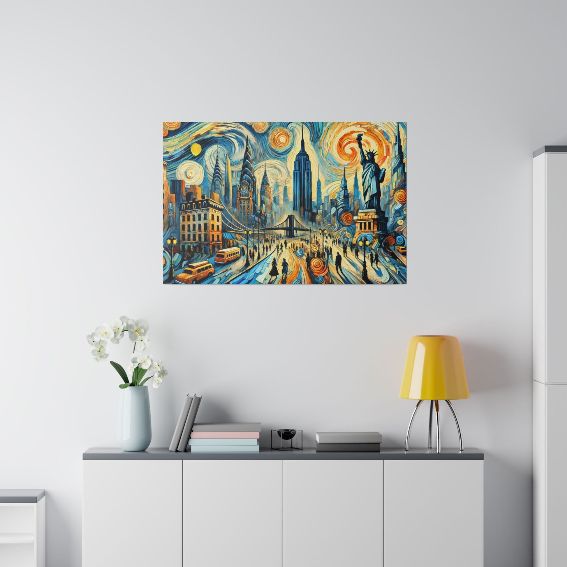 Colorful cityscape painting on a white wall featuring a busy bridge, skyscrapers, Statue of Liberty, and swirling blue-yellow skies.