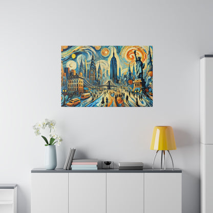 Colorful cityscape painting on a white wall featuring a busy bridge, skyscrapers, Statue of Liberty, and swirling blue-yellow skies.