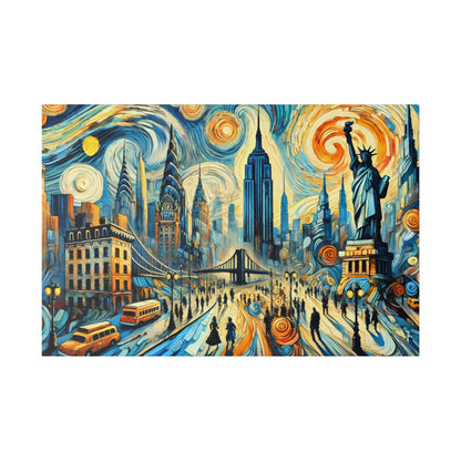 Colorful oil-style painting of New York City skyline with the Statue of Liberty, bridges, and swirling, starry skies.