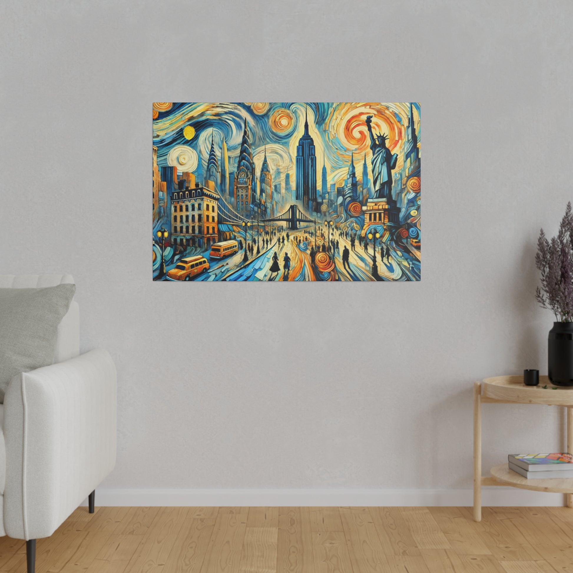 Colorful abstract cityscape painting on a wall, with blue skyscrapers, bridge, orange taxis, and a Statue of Liberty.