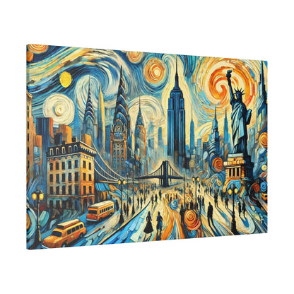 Colorful cityscape painting of New York with the Statue of Liberty, tall skyscrapers, a bridge, yellow taxis, and swirling blue and orange