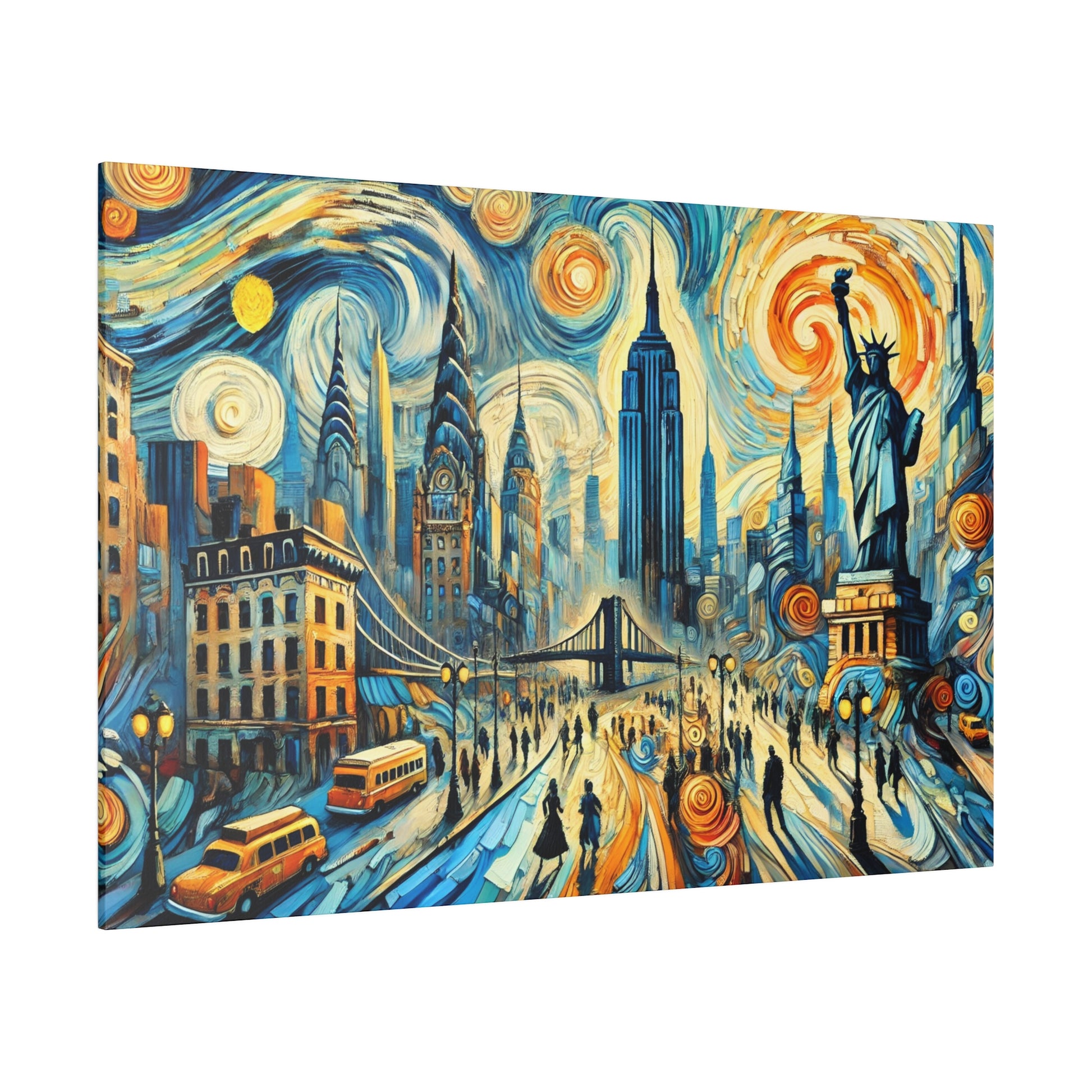 Colorful painting of a stylized New York City skyline with the Statue of Liberty, bridges, taxis, and swirling skies.