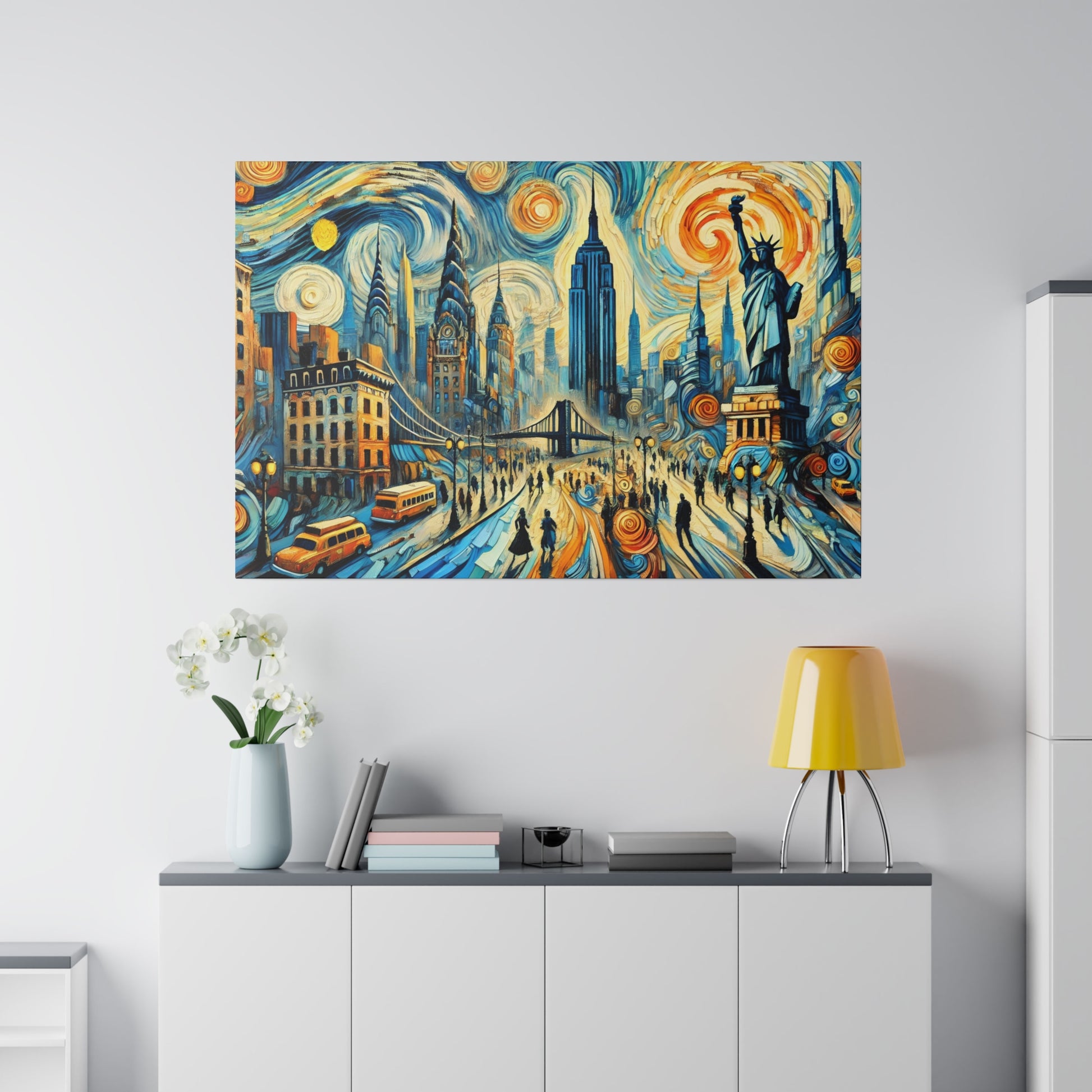 Colorful cityscape painting with swirling sky, bridges, and Statue of Liberty among busy streets in blue, orange, and yellow tones.