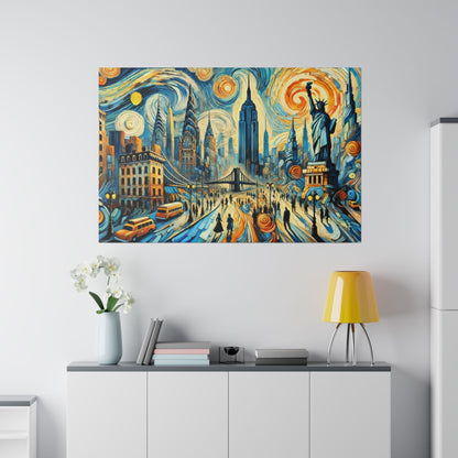 Colorful cityscape painting with swirling sky, bridges, and Statue of Liberty among busy streets in blue, orange, and yellow tones.